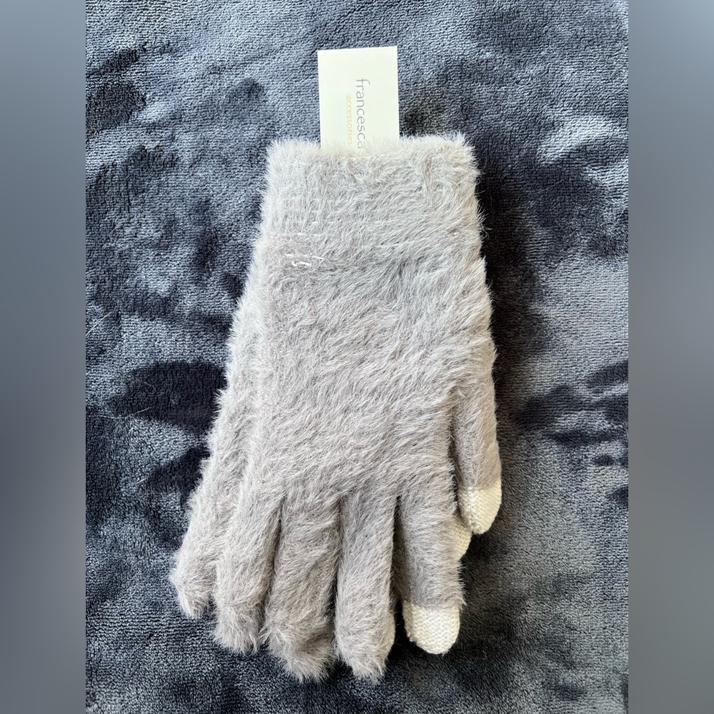 Fuzzy grey touch screen gloves